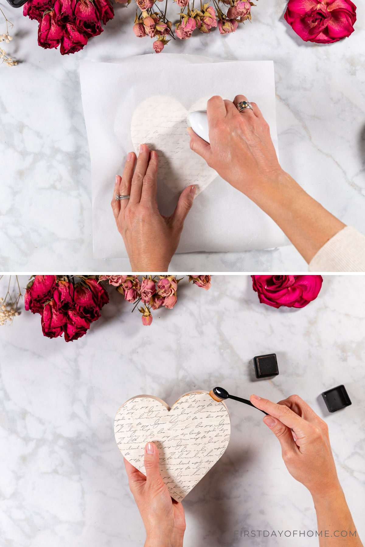 Completing decoupage by pressing paper onto wood heart with a small iron and parchment paper and distressing the edges with ink.