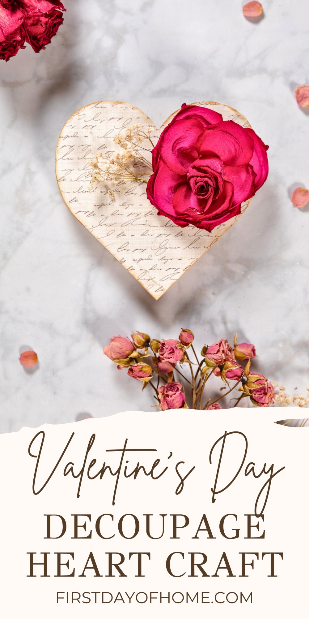 Wood heart with decoupage pattern and dried rose.