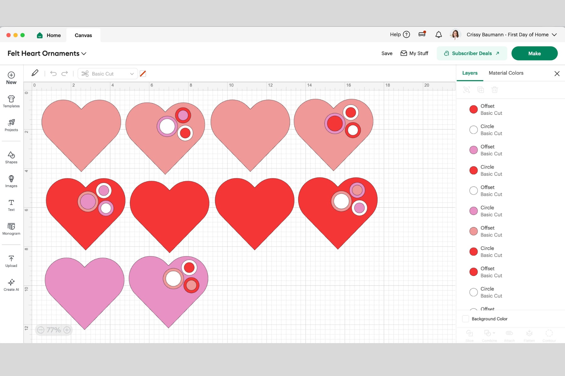 Heart and circle shapes in Cricut Design Space to make felt heart ornaments.