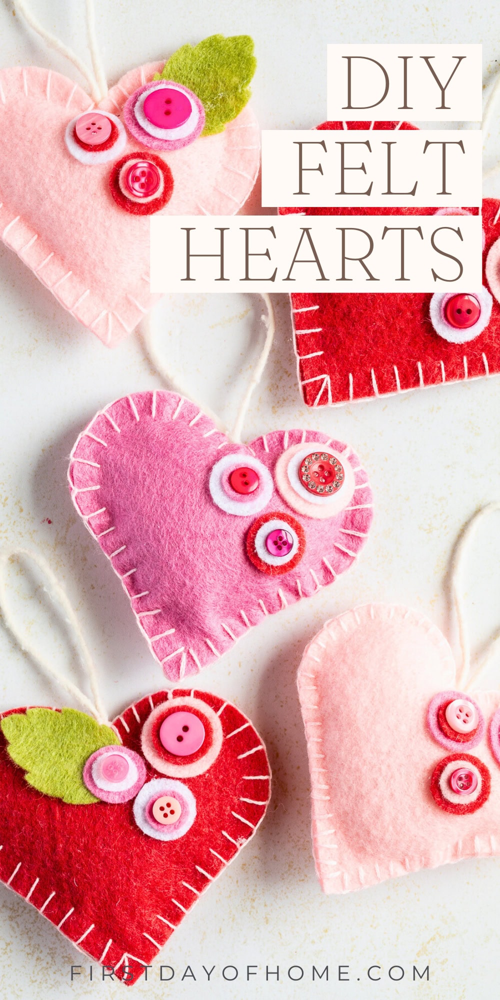 Felt hearts with button flower accents. Text reads "DIY Felt Hearts".