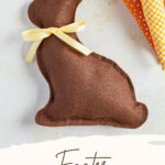 Felt bunny with yellow ribbon around its next shown with fabric carrots.