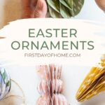 Paper honeycomb Easter ornaments in the shapes of bunnies, carrots, and eggs and hand adding gilded gold edge to finished Easter egg ornament.