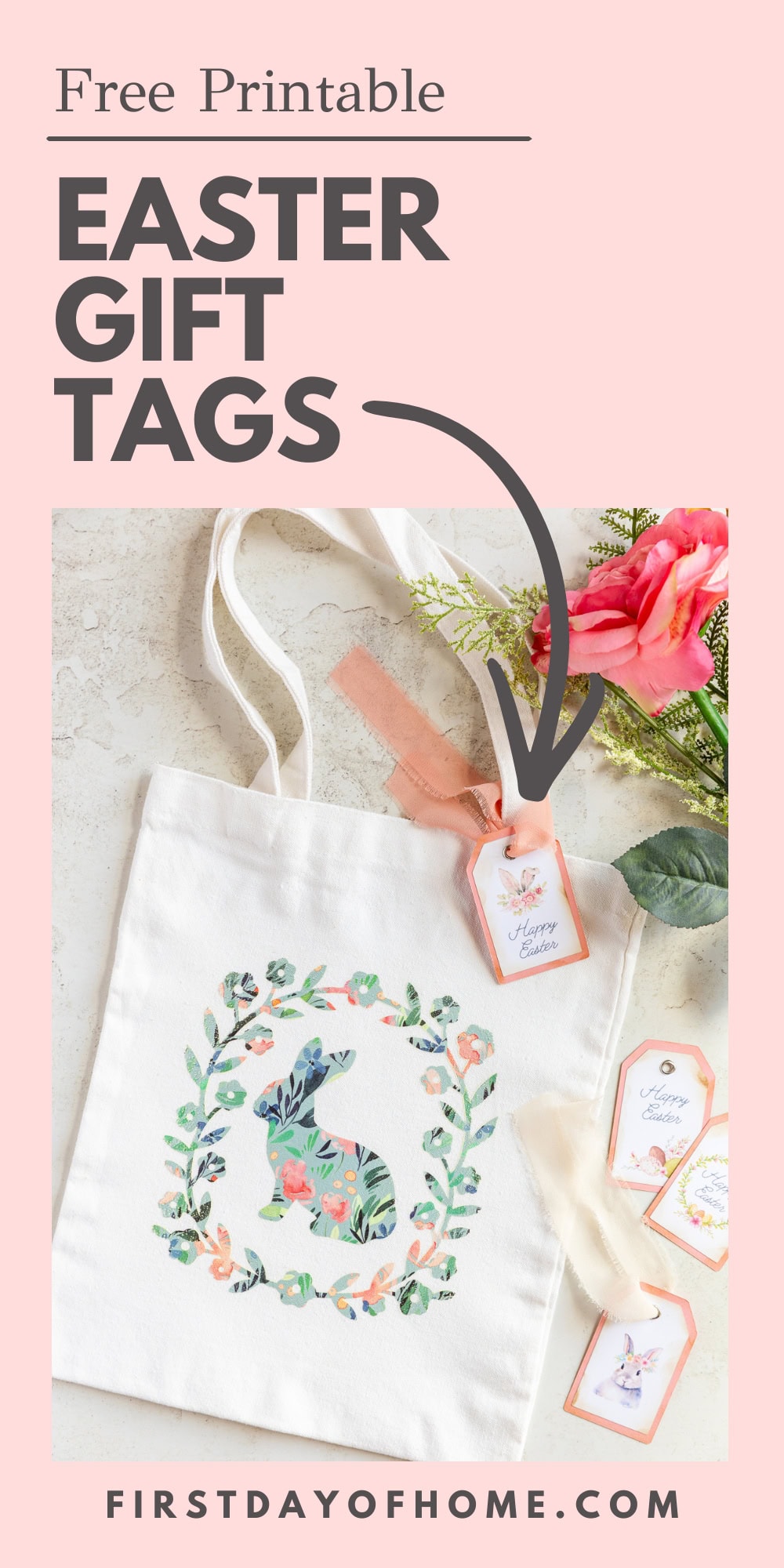 Tote bag with a bunny design next to printed Easter gift tags.