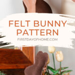 Gluing felt bunny shape and finished felt bunny with yellow ribbon around its neck.