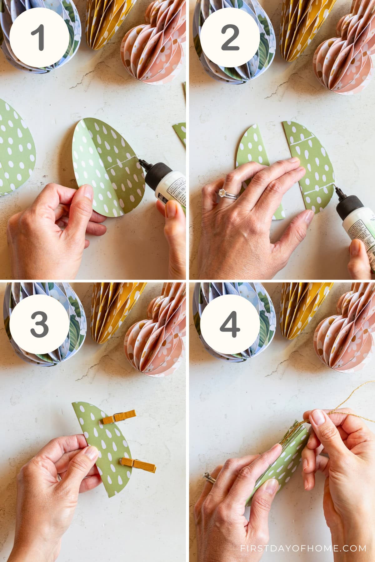 Four-step process for making paper Easter ornaments in the shape of an egg.