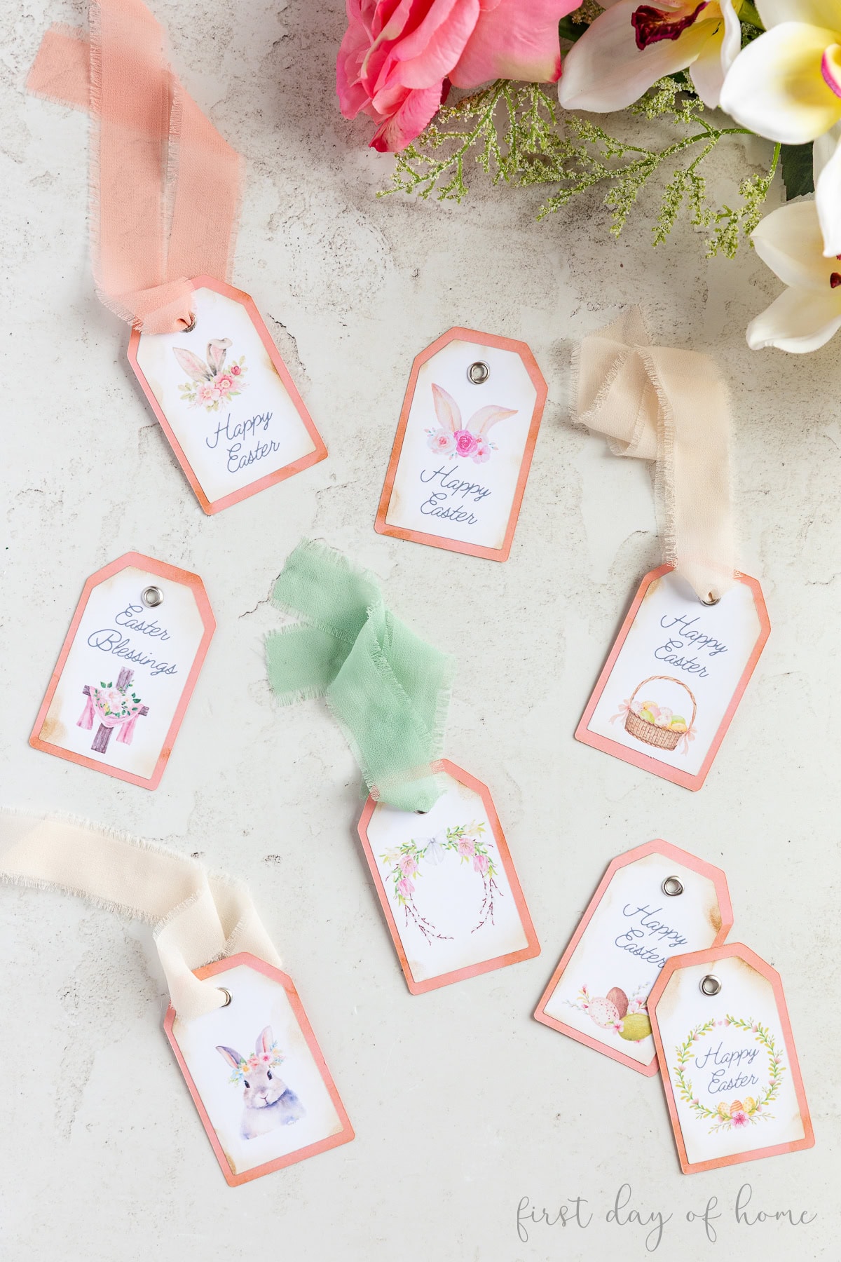 Printed Easter gift tags with ribbons.