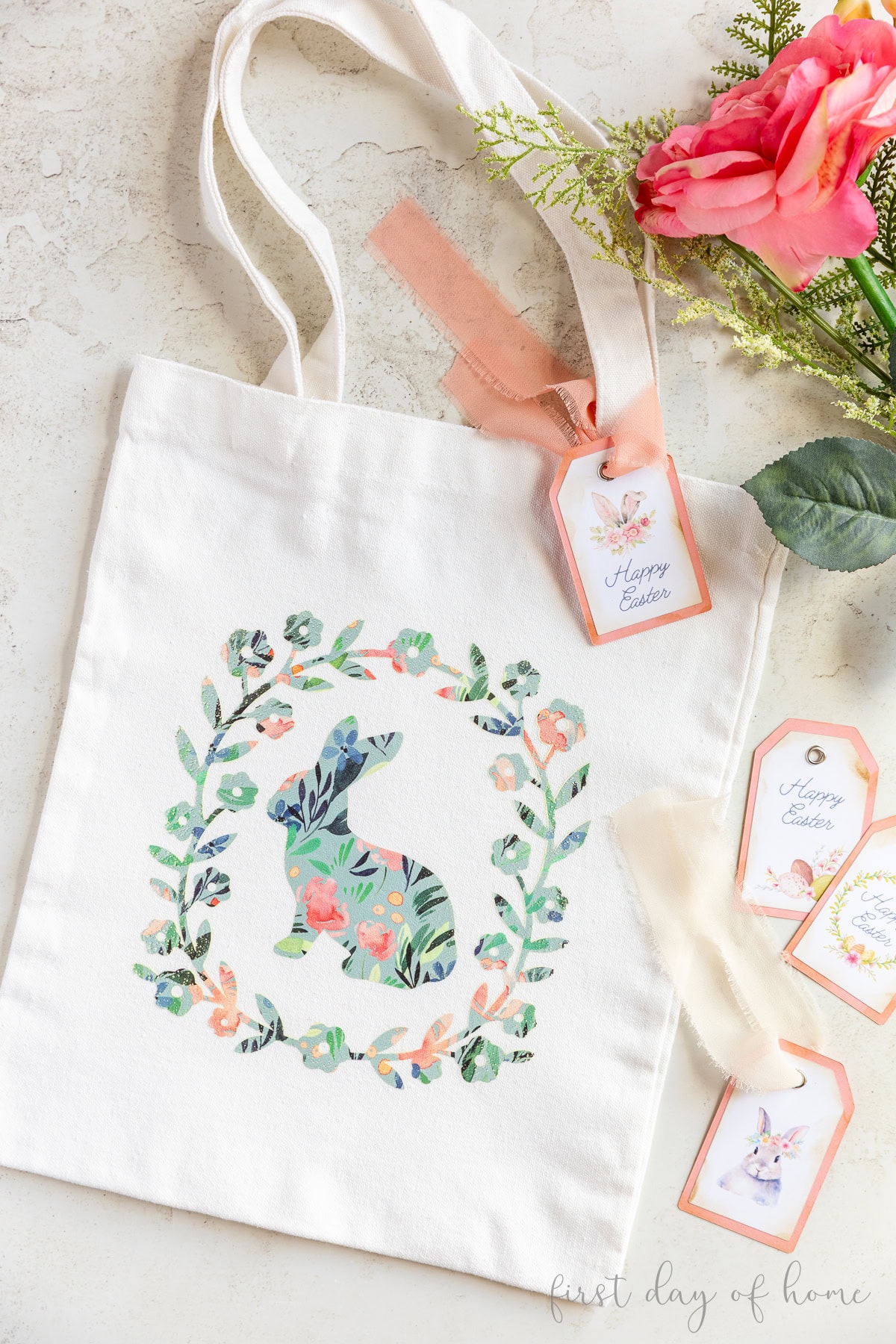 Easter tote bag shown with printed Easter gift tags.