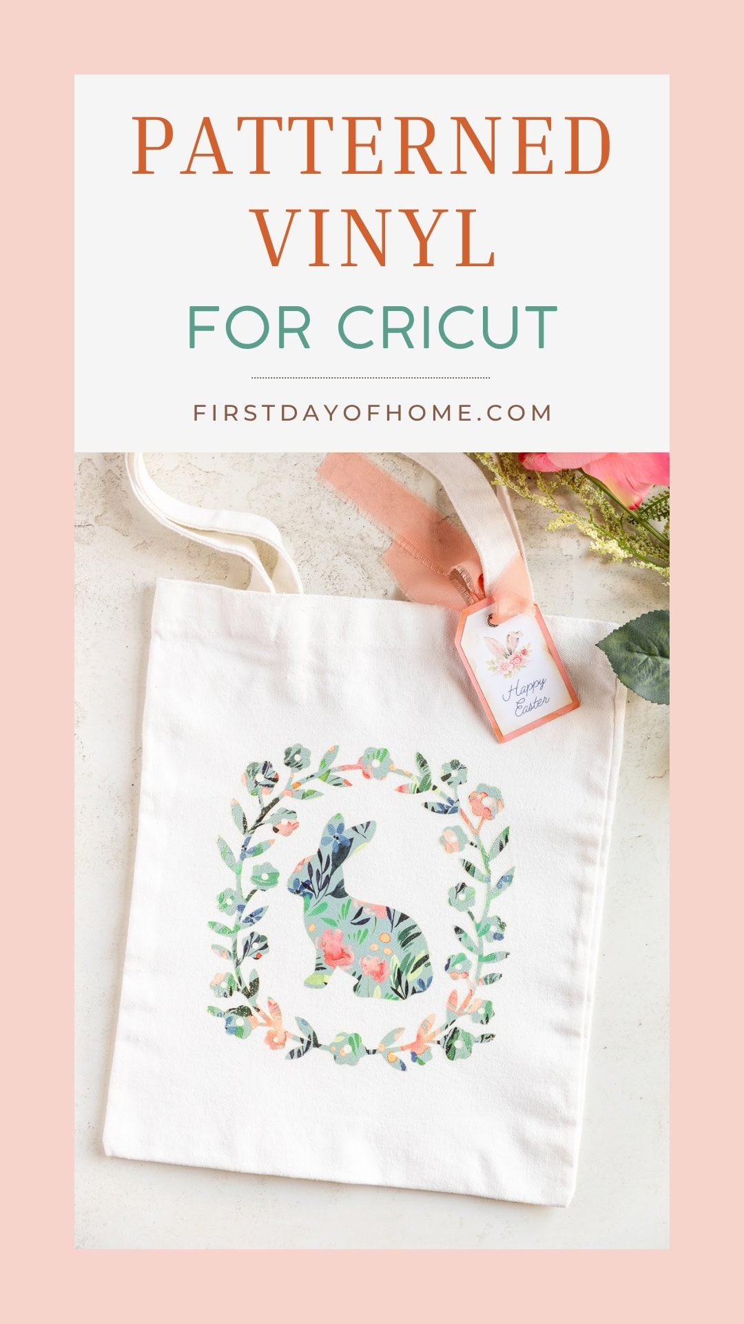 Easter themed tote bag with a bunny and wreath design made with Cricut patterned vinyl.