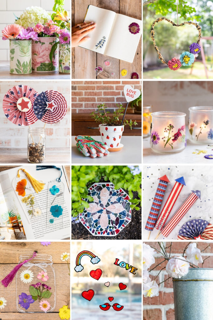 Collage of summer craft projects for kids, including suncatchers, bird feeders, and pressed flower crafts.