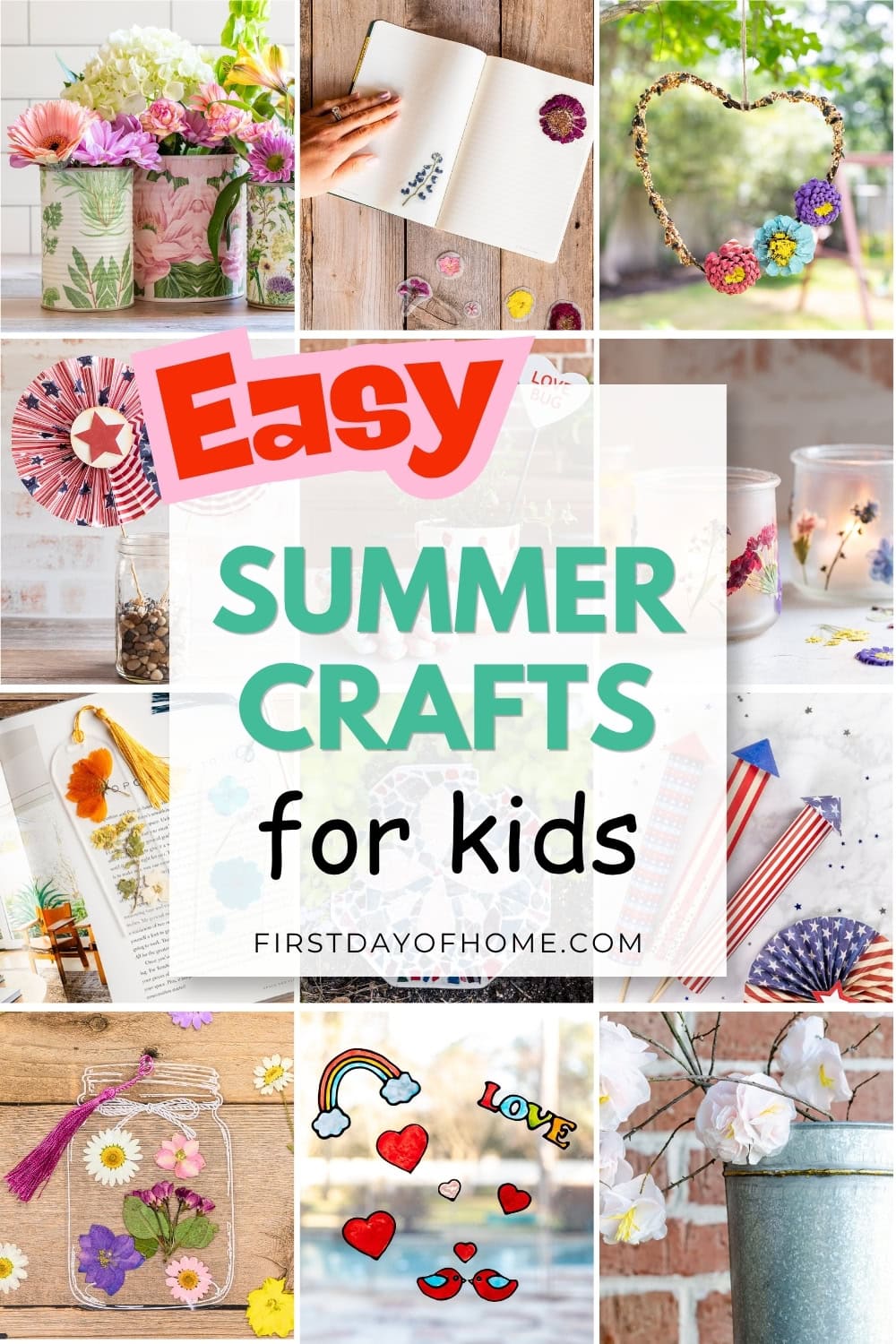 Collage of summer crafts for kids.