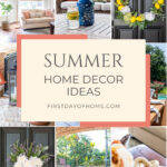Collage of home decor ideas for the living room, patio, and front porch.