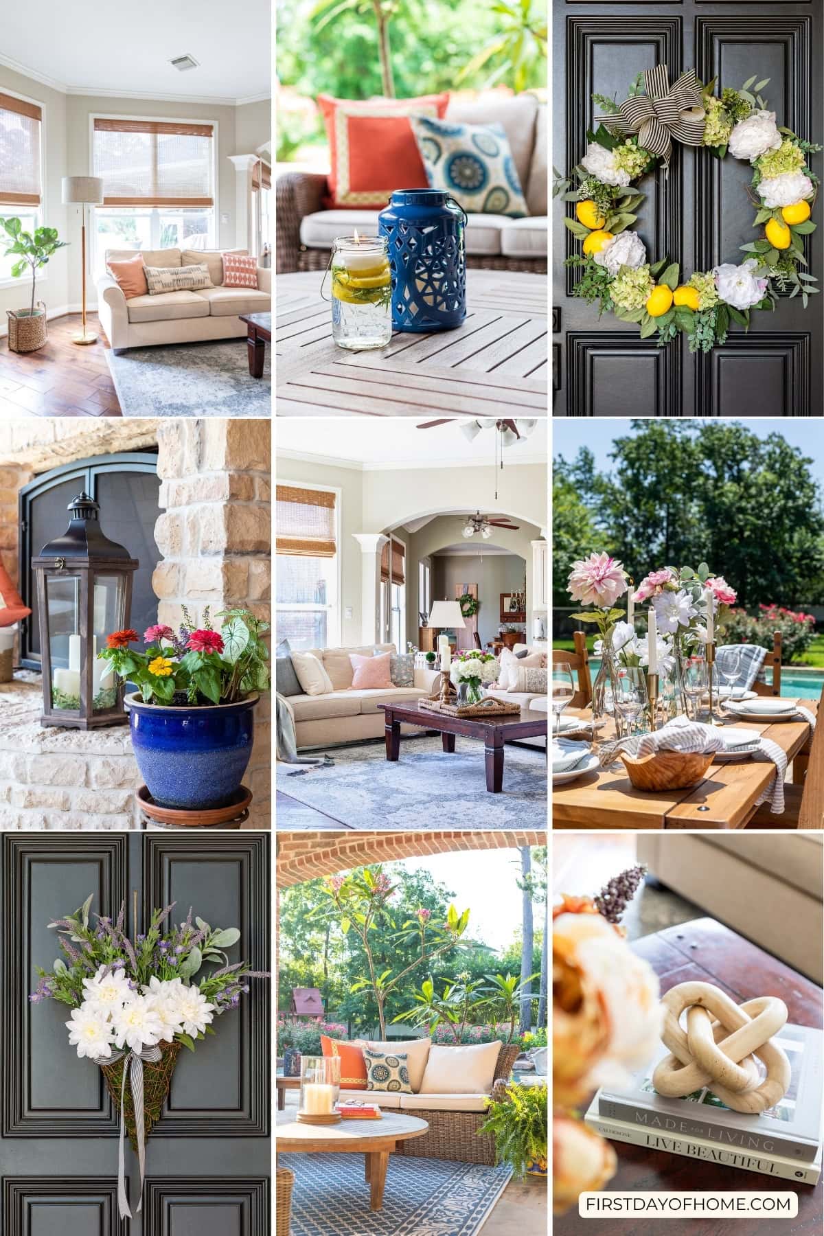 Collage of summer decor ideas, including wreaths, table decor, coastal decor, and other summer home decor accents.