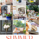 Collage of home decor ideas for the living room, patio, and front porch.