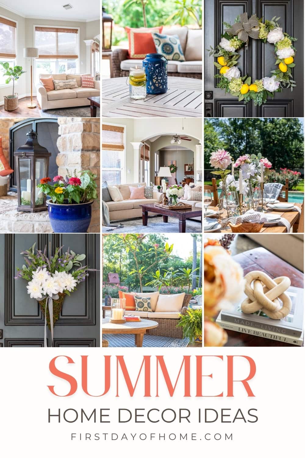 Collage of home decor ideas for the living room, patio, and front porch.