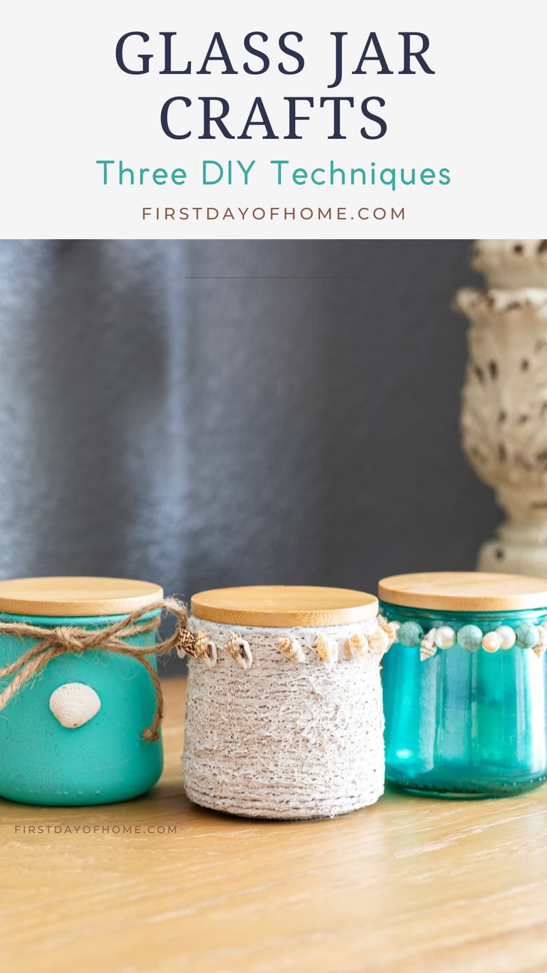 Three recycled glass jars decorated with Mod Podge and paint using different crafting techniques.