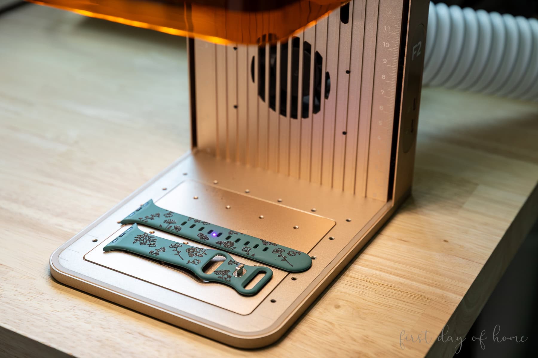 Silicone watch bands after engraving on an xTool F2 laser machine.