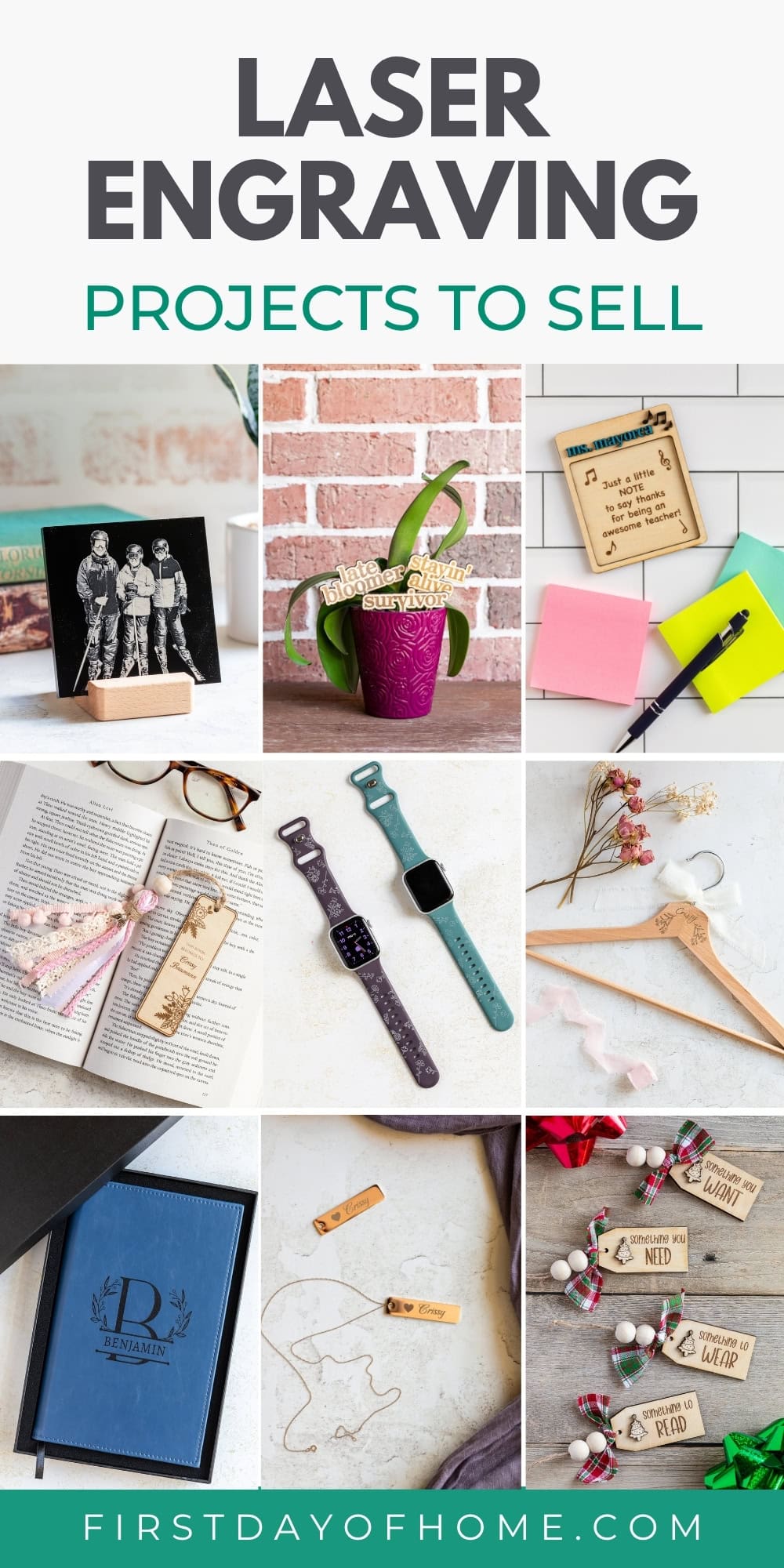 Collage of laser engraving ideas using wood, silicone watch bands, faux leather, metal jewelry charms, and more.