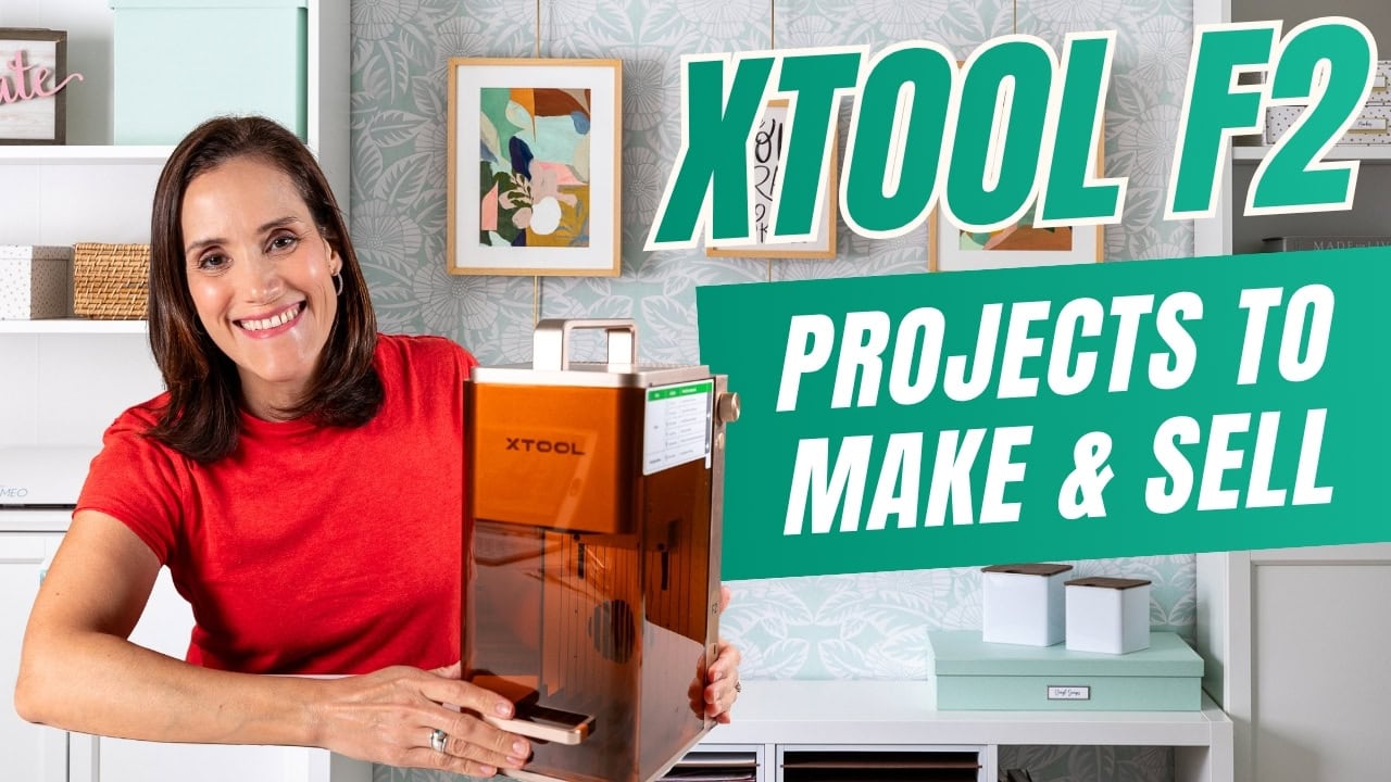 YouTube video thumbnail with image of Crissy with xTool F2 and title "F2 Projects to Make and Sell."