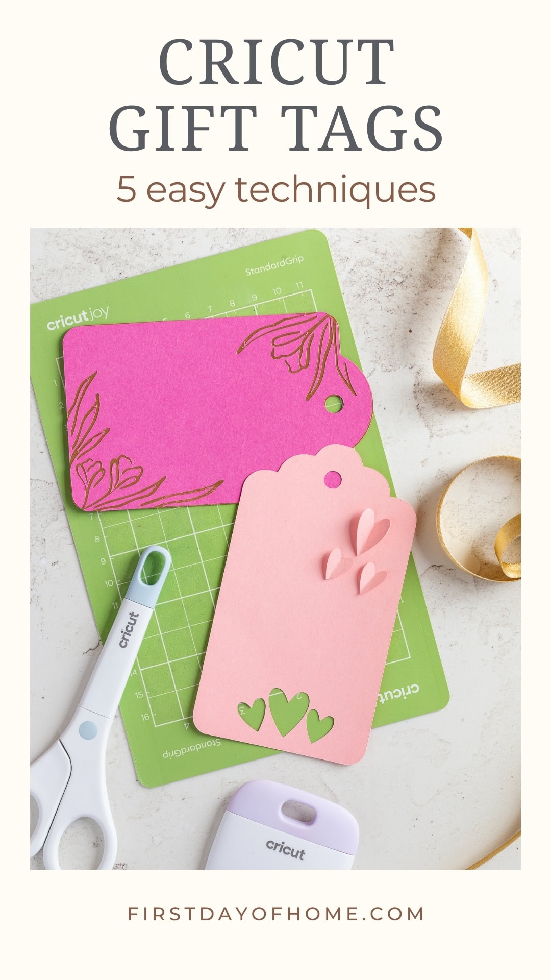Two paper Cricut gift tags shown with a cutting mat and Cricut tools.