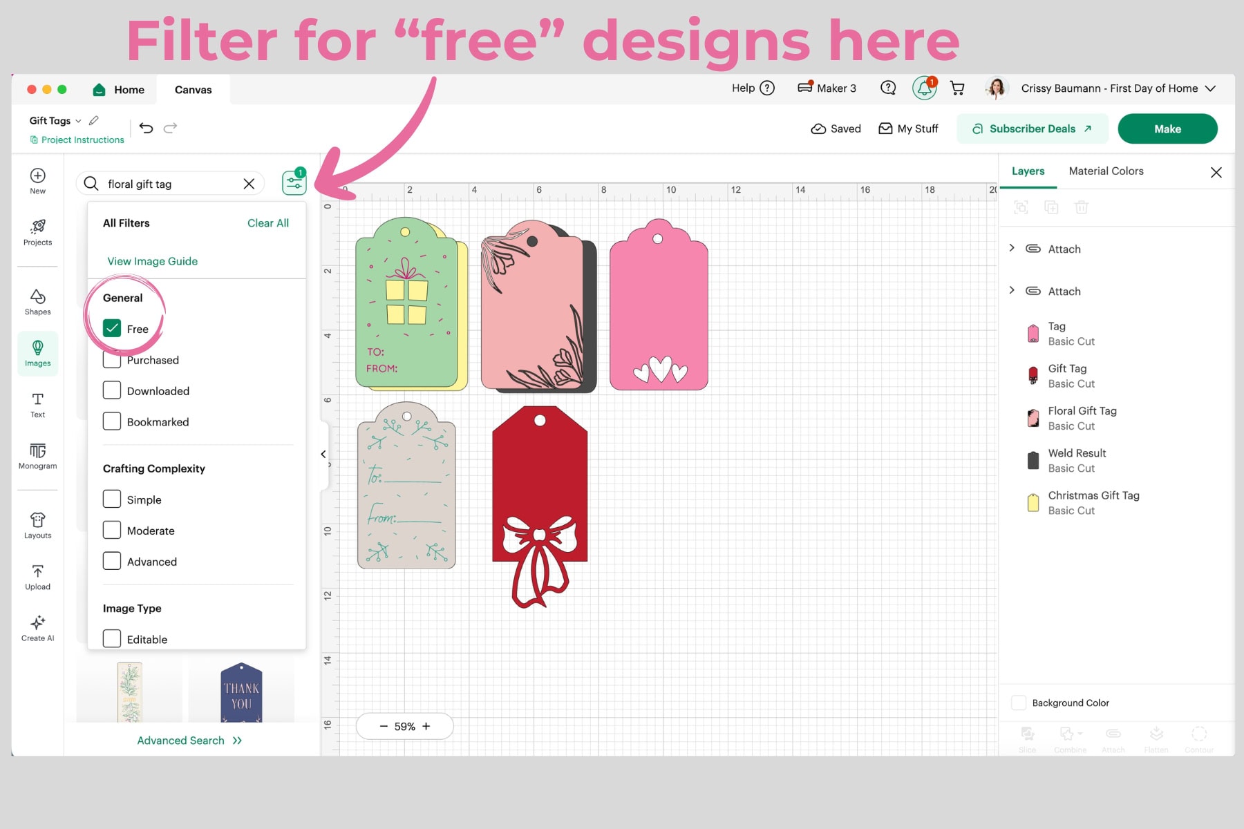 Gift tag designs in Cricut Design Space and filter to find "free" designs.