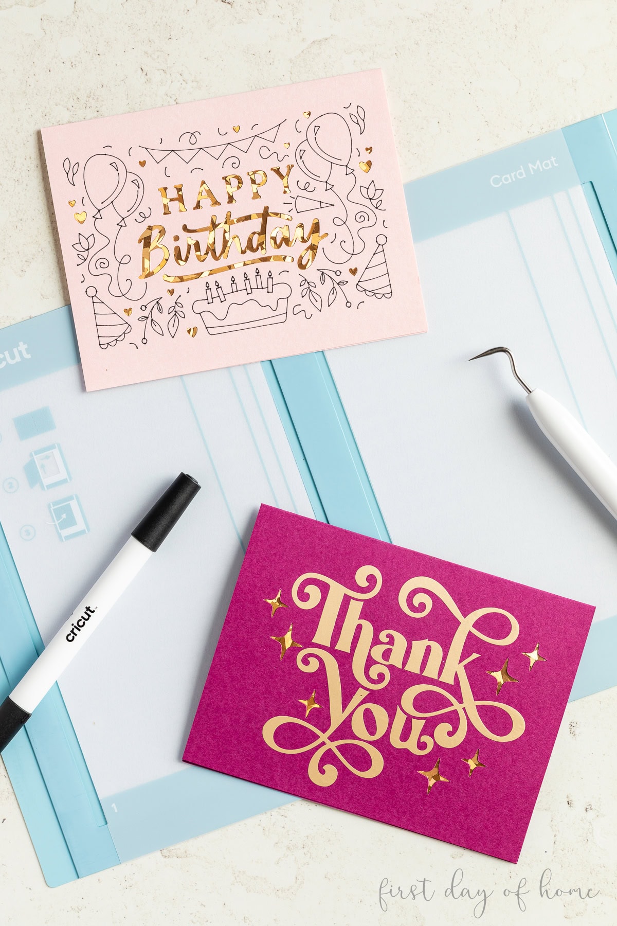 Two Cricut cutaway cards shown with the 2-card mat and weeding tools.