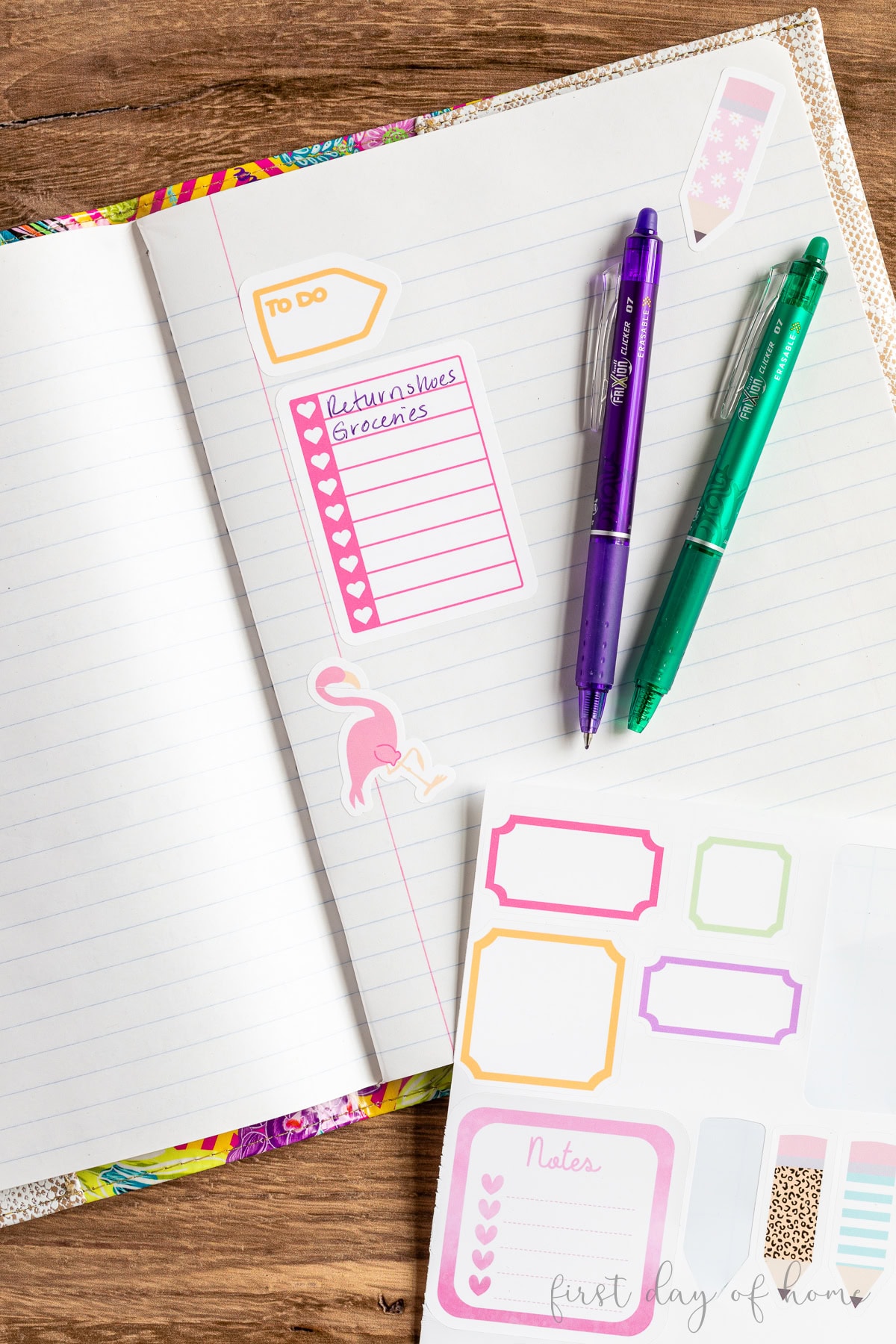 Notebook shown with Cricut Print Then Cut stickers inside.