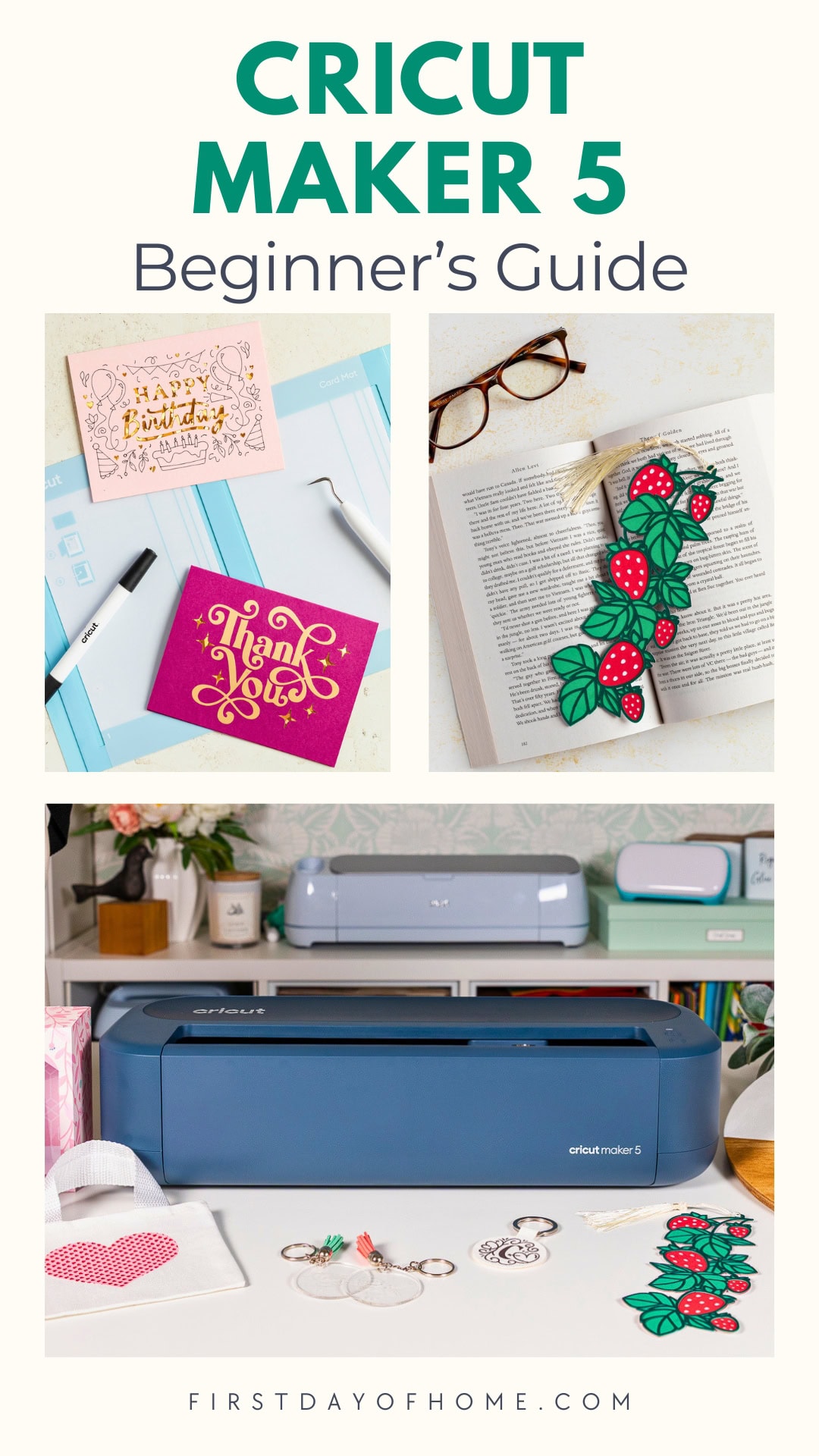 Cricut Maker 5 machine shown with cards, paper bookmark, and other projects.