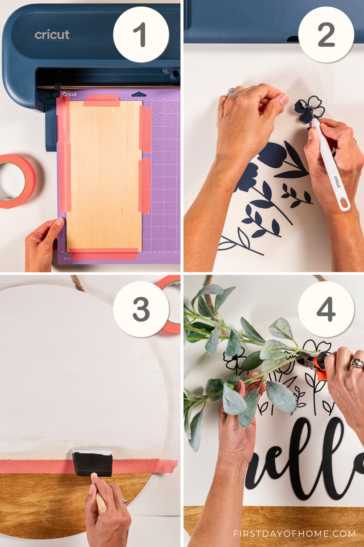 Four-step process for making a DIY wooden door hanger with an unfinished wood sign, basswood, iron-on vinyl, and faux floral stems.