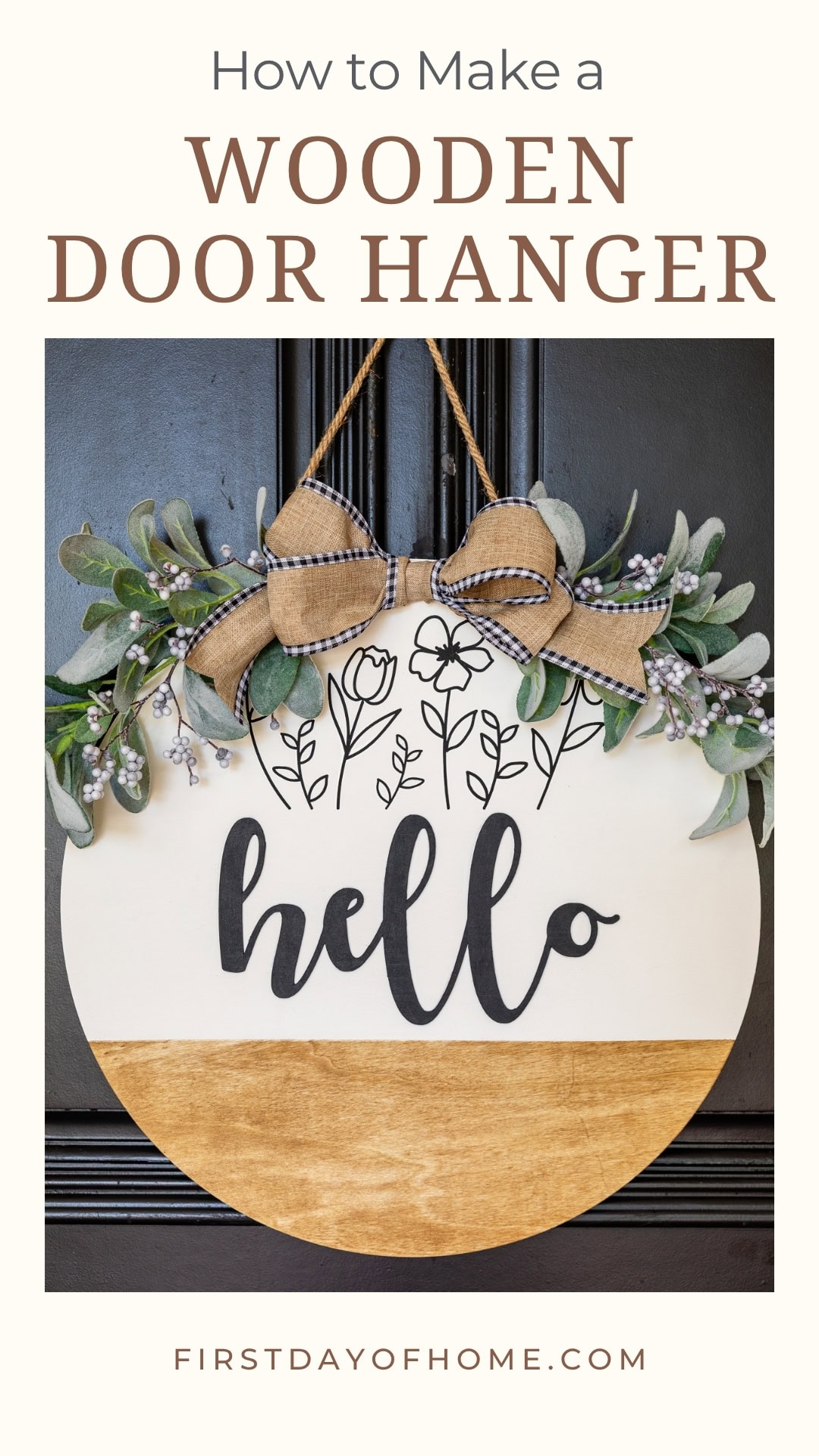 Round wooden door hanger with the phrase "hello" hanging on a front door.