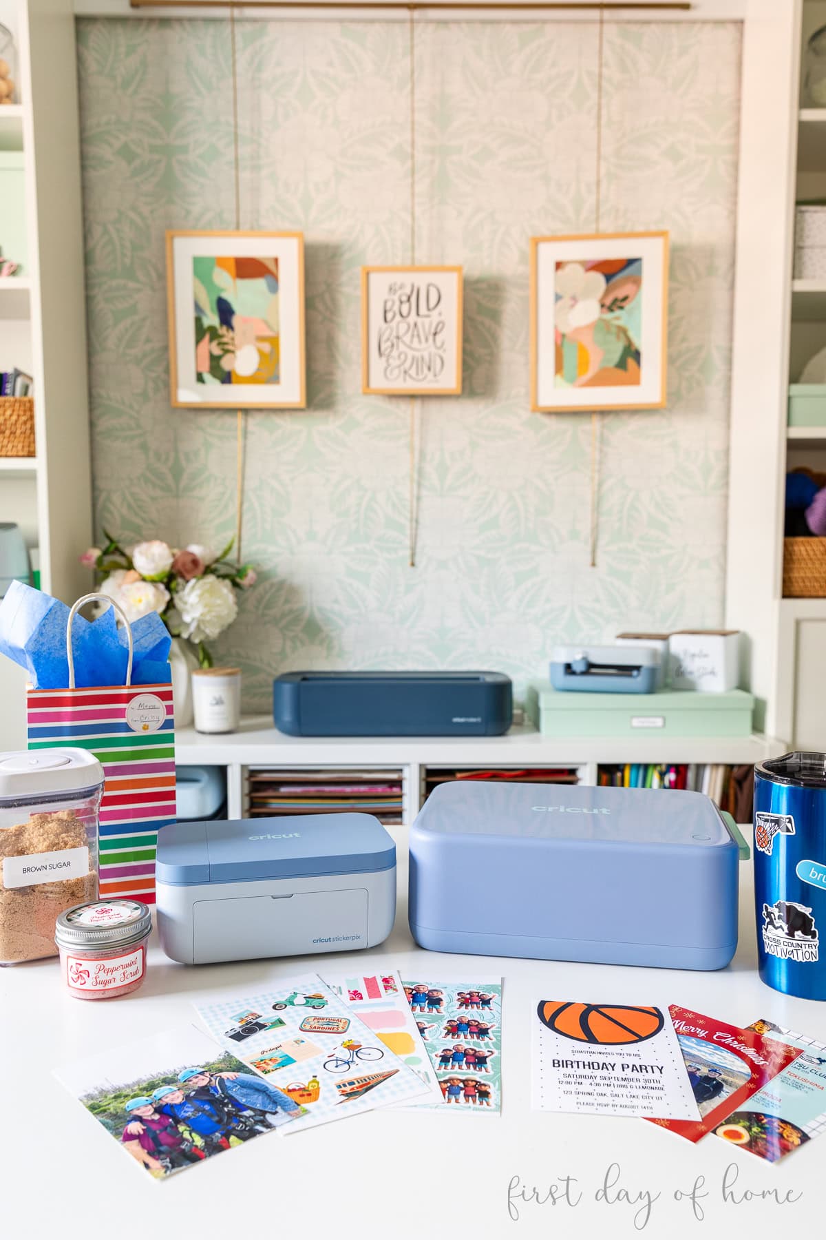 Cricut StickerPix Print machine and StickerPix Print + Cut machine next to sample photo and sticker projects.