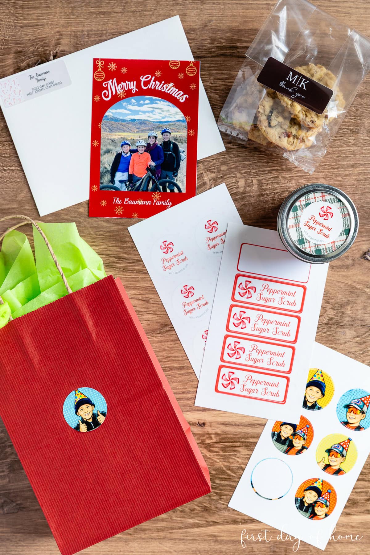 Cricut StickerPix sample projects, including party favor bags, photos, sugar scrub labels, and address labels.