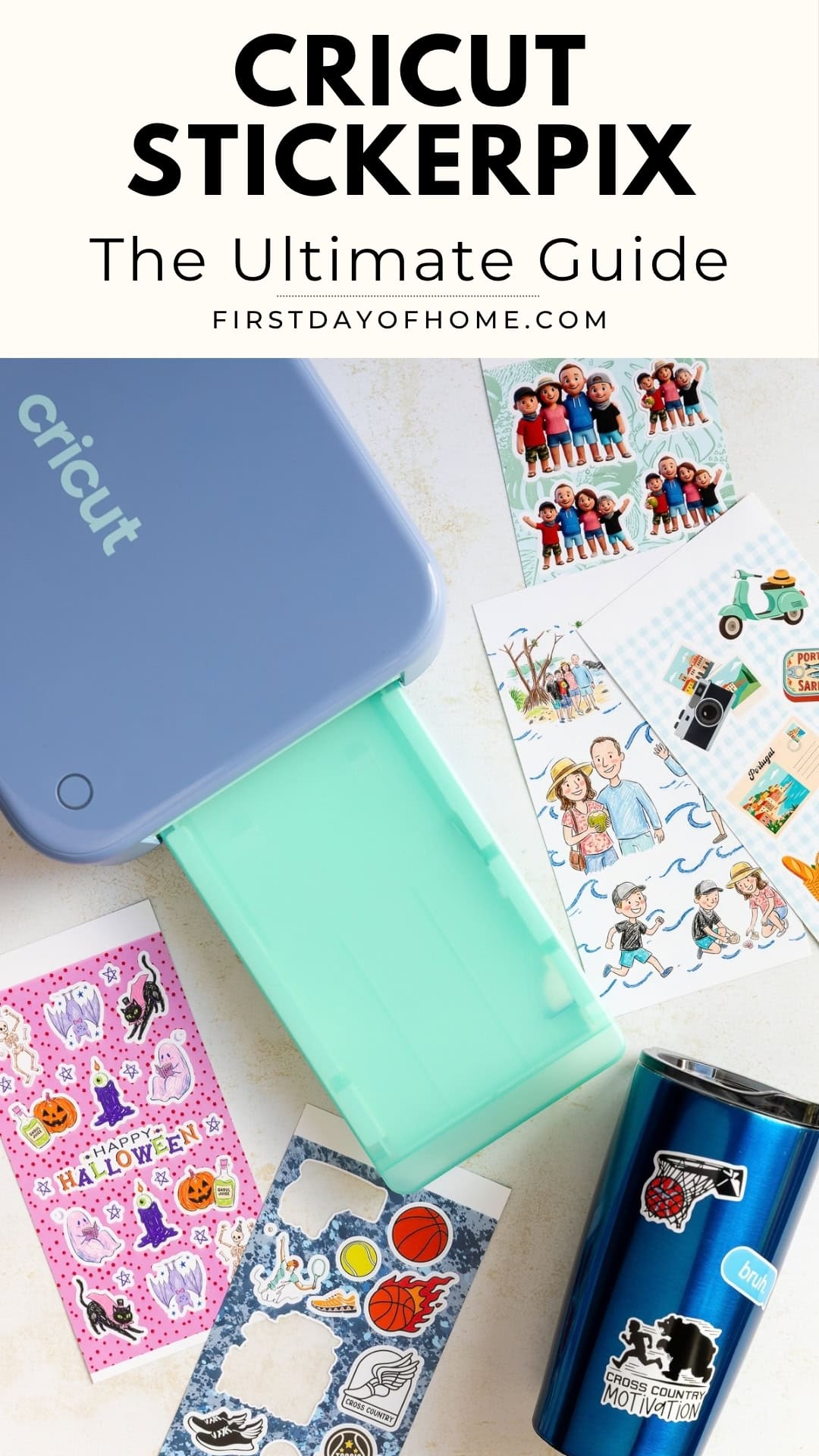 Cricut StickerPix Print + Cut machine with sample sticker sheets.